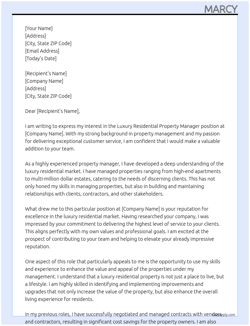 Cover letter for luxury residential property manager - LazyApply