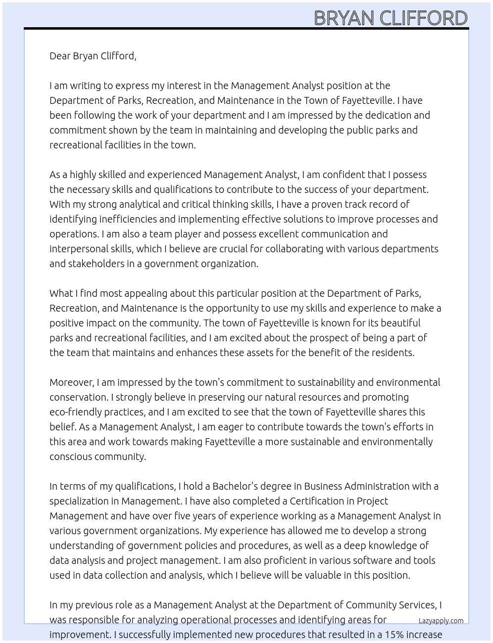 Management Analyst At Town of Fayetteville  Cover Letter