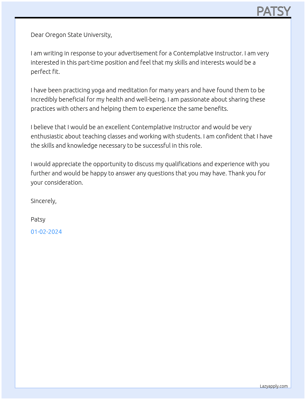 Contemplative Instructor At Oregon State University Cover Letter