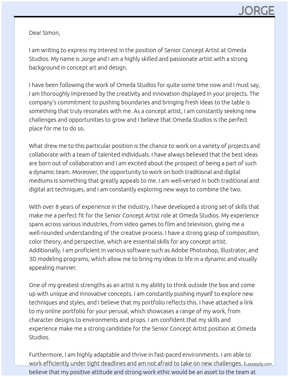 Senior concept artist At omeda studios Cover Letter