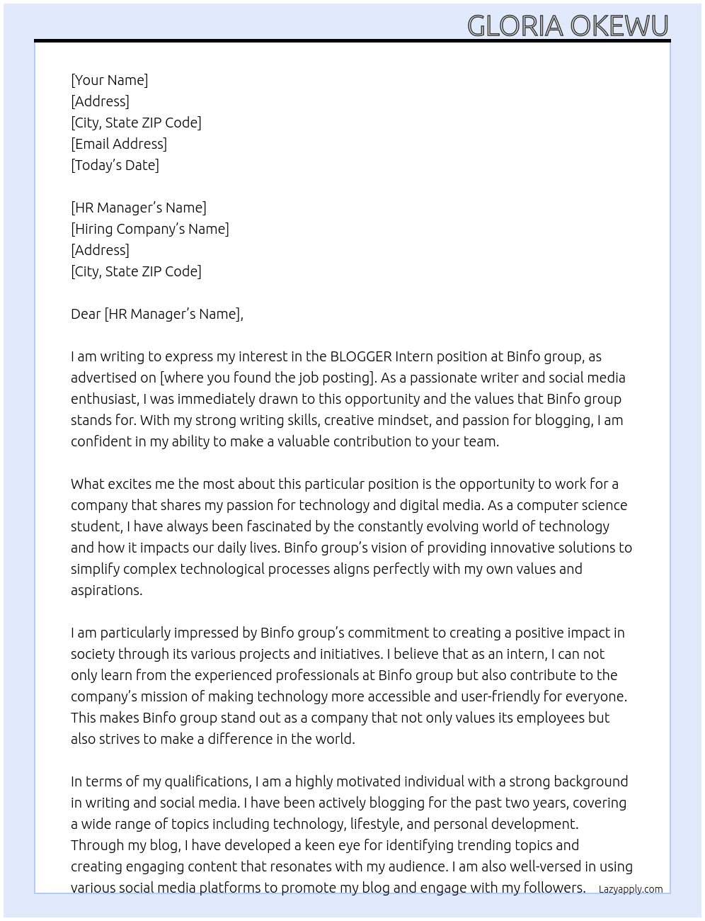 BLOGGER Intern At Binfo group Cover Letter