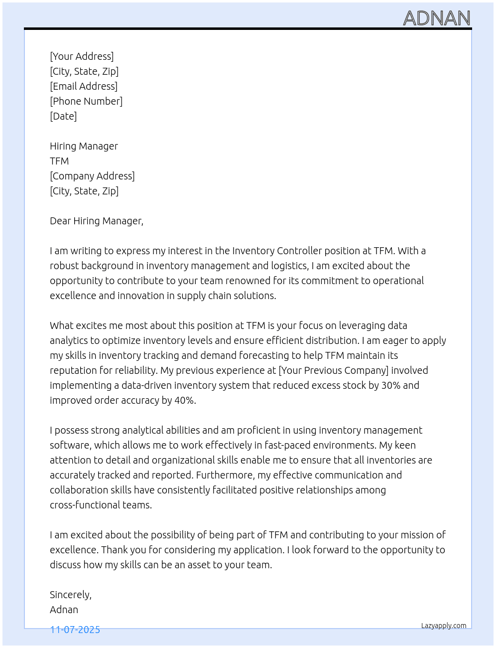 Inventory Controller At TFM Cover Letter