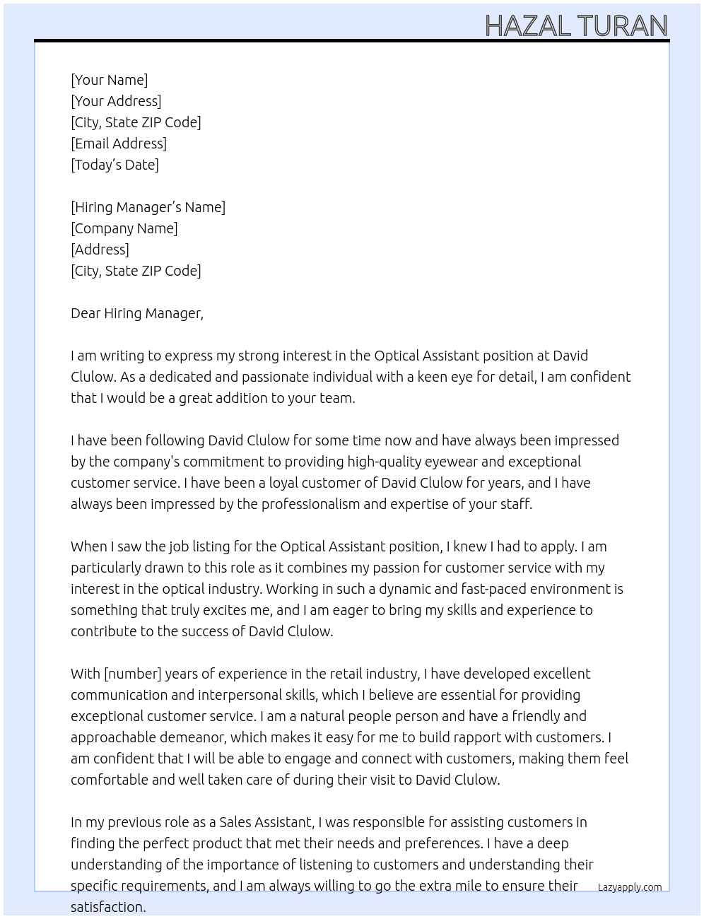 Optical Assistant At David Clulow Cover Letter