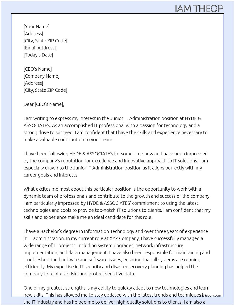 Junior IT Administration At HYDE & ASSOCIATES Cover Letter