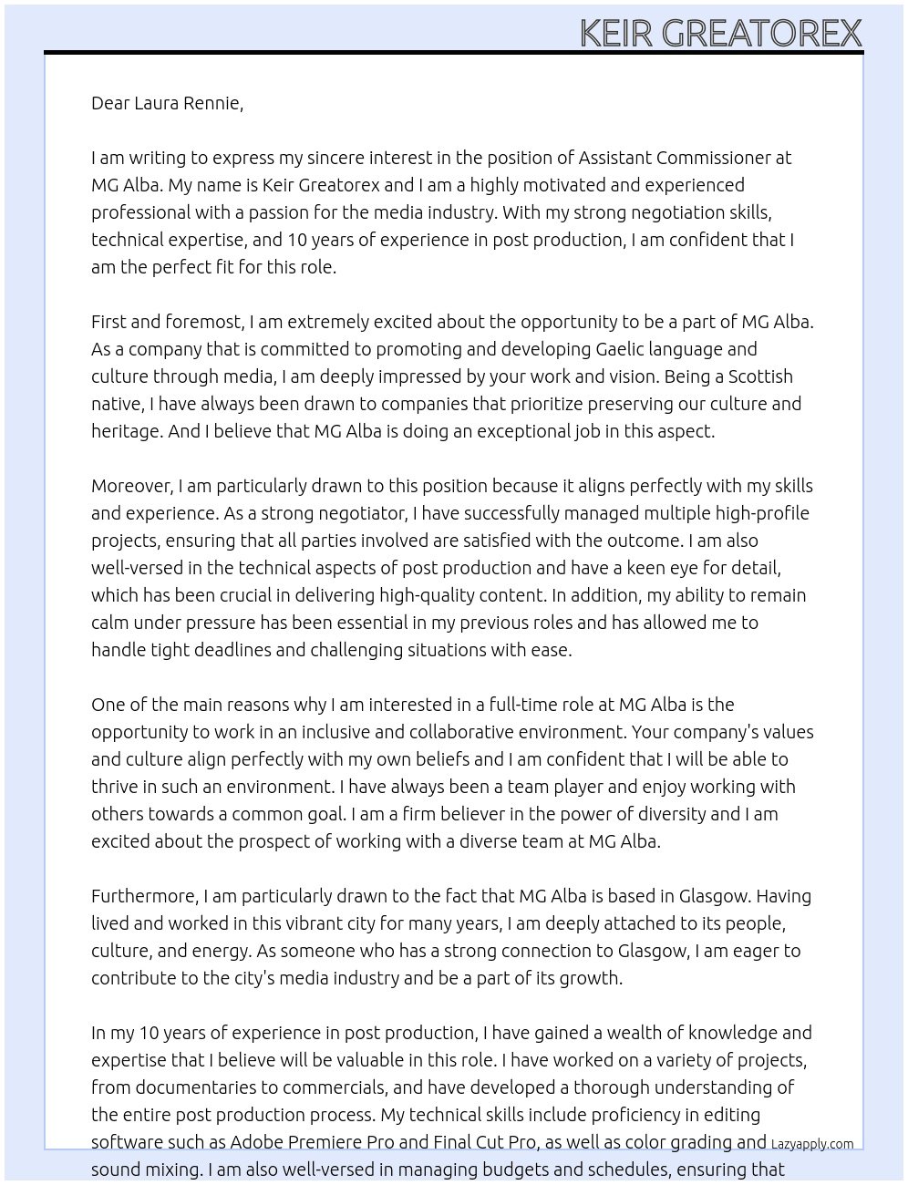 Assistant Commissioner At MG Alba Cover Letter