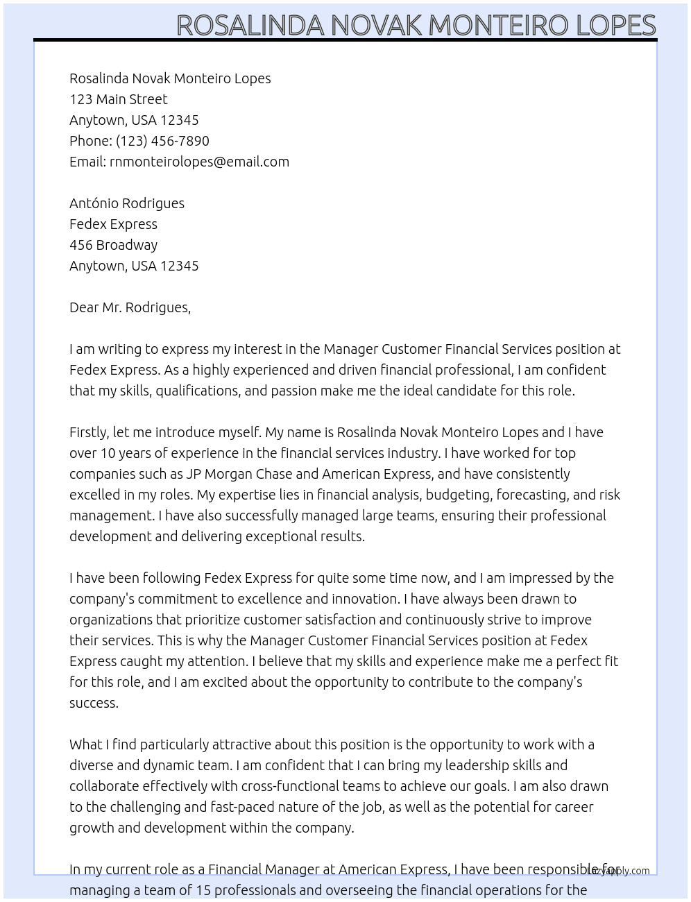 Manager Customer Financial Services At Fedex Express Cover Letter