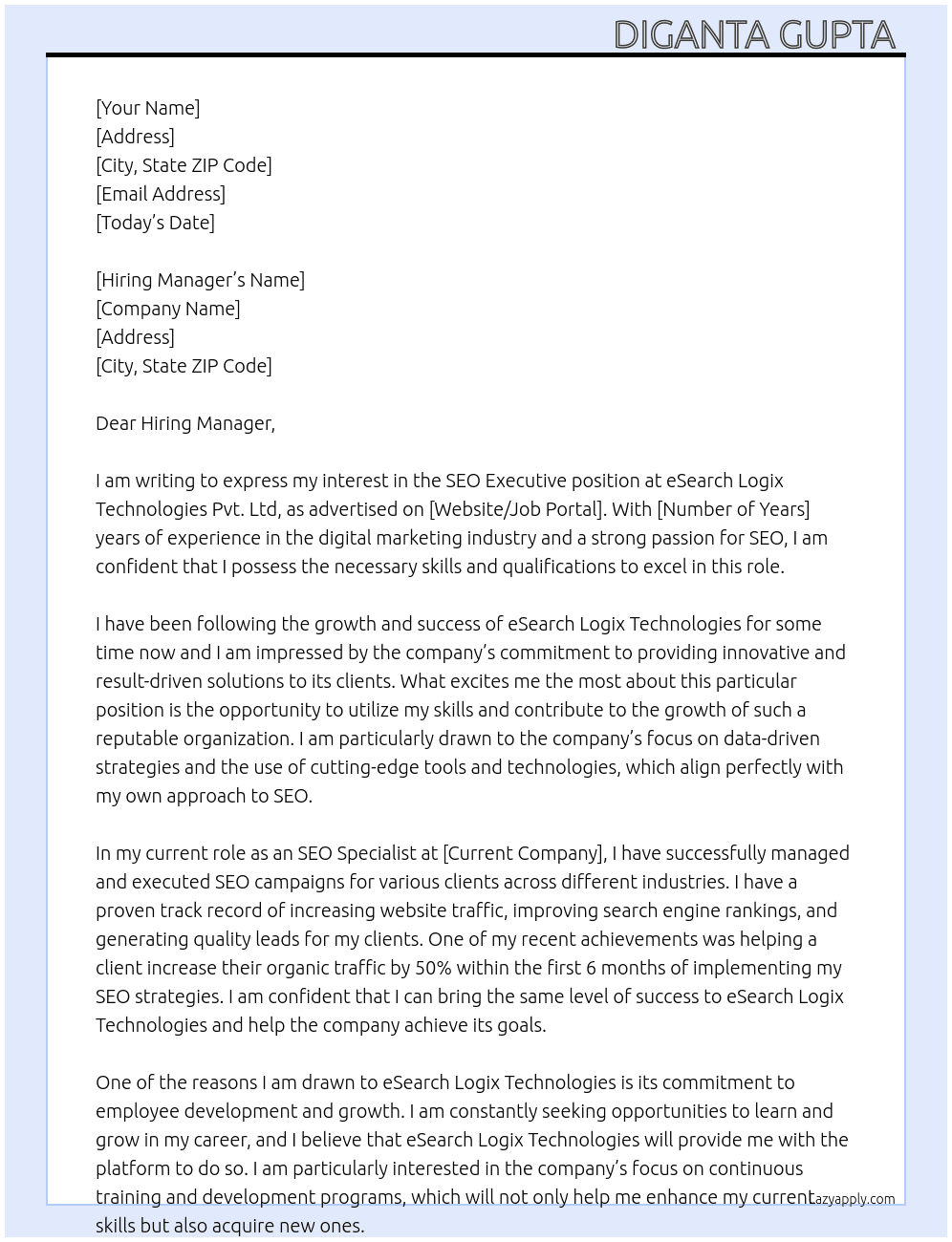 SEO Executive At esearch logix technologies pvt. ltd Cover Letter