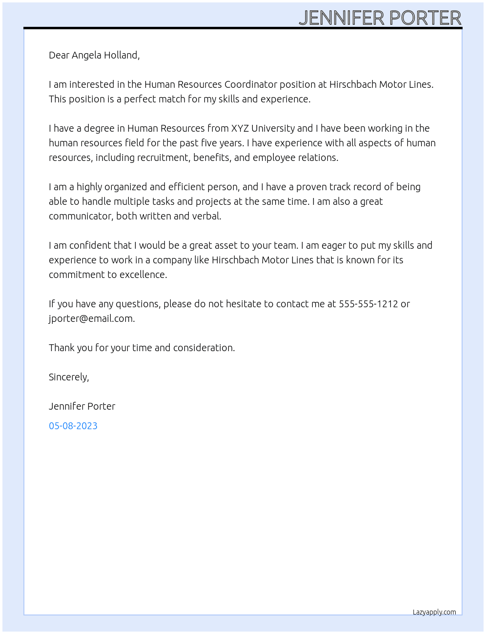 Human Resources Coordinator At Hirschbach Motor Lines Cover Letter