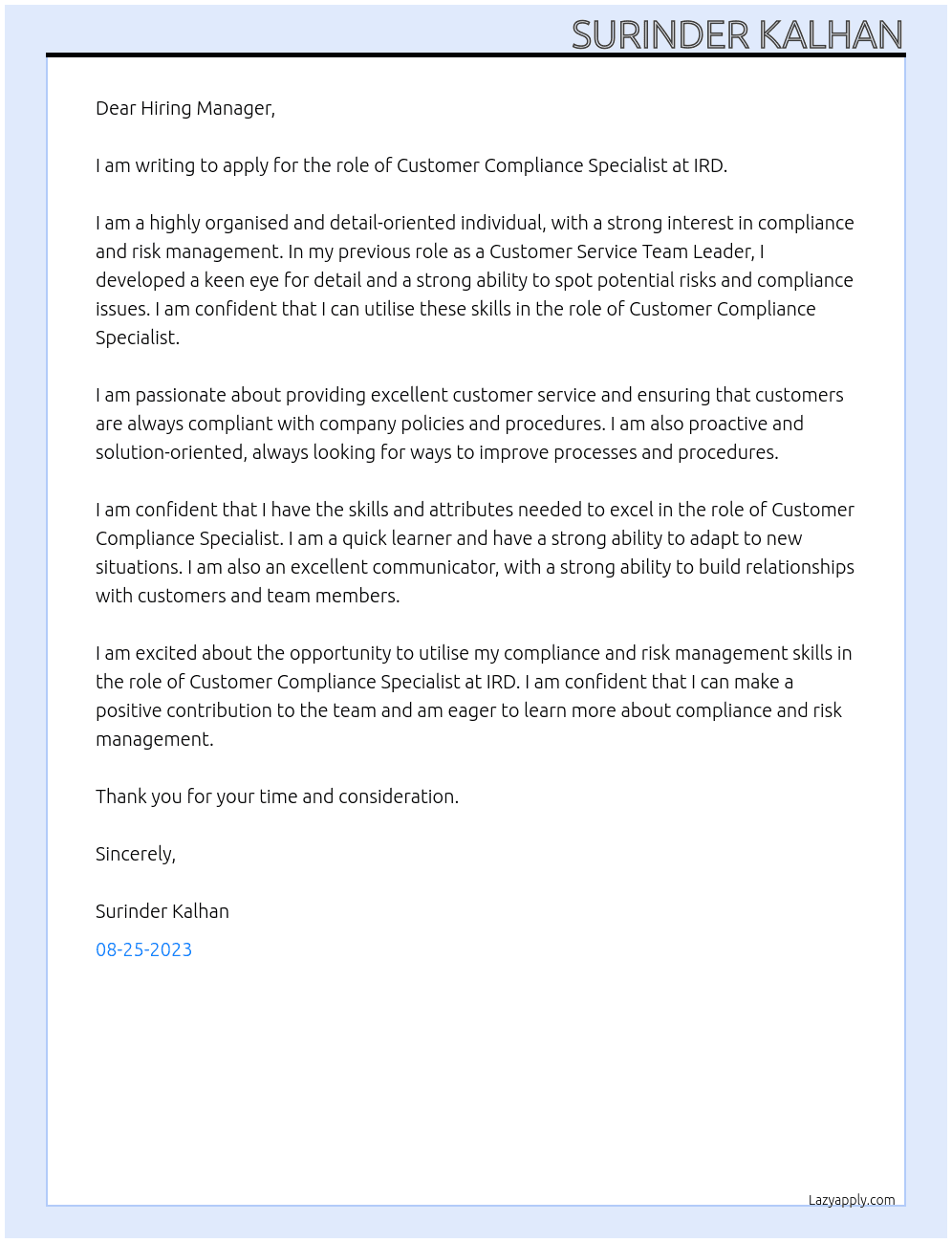 customer compliance specialist  At IRD Cover Letter