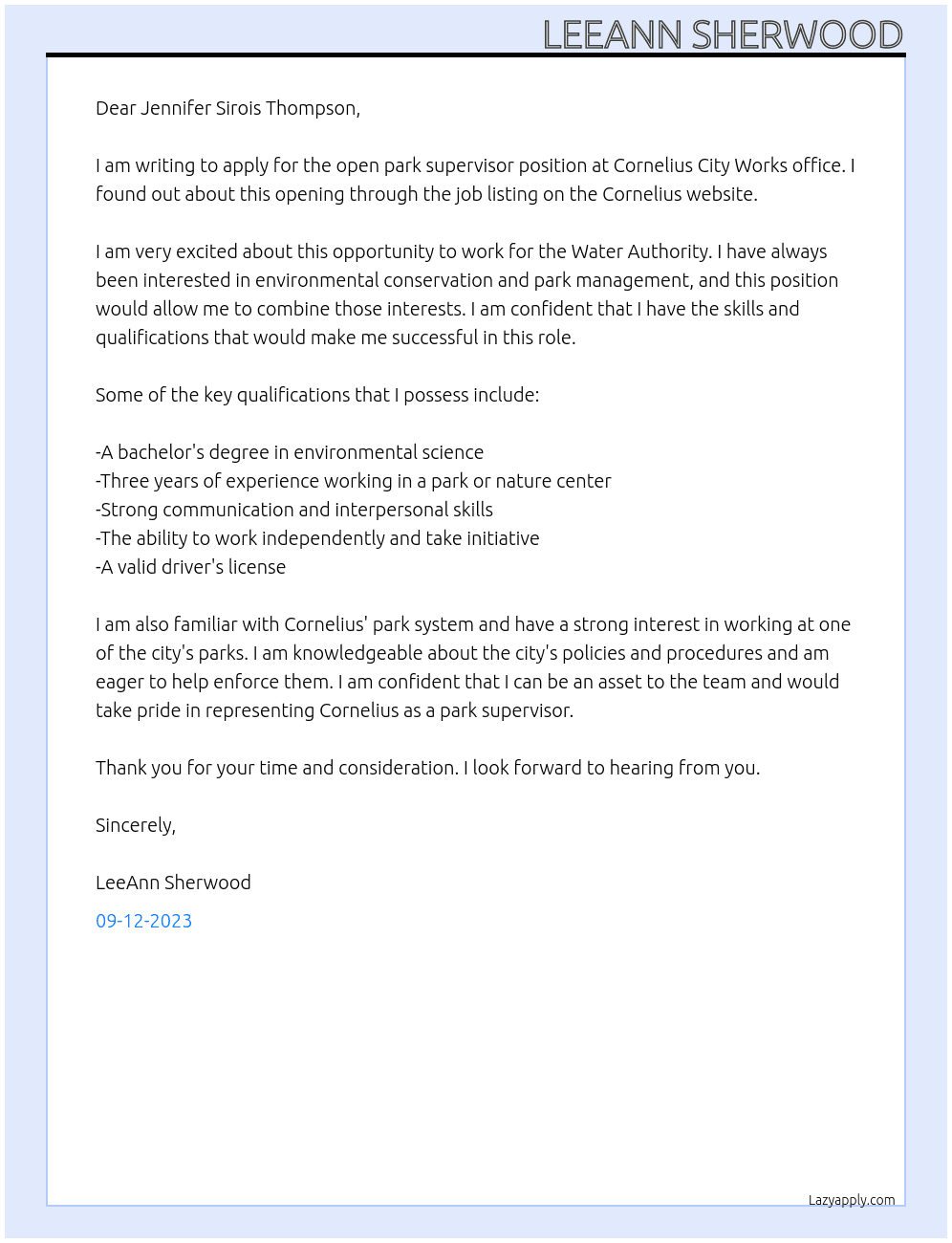park supervisor  At Cornelius City Works office Cover Letter