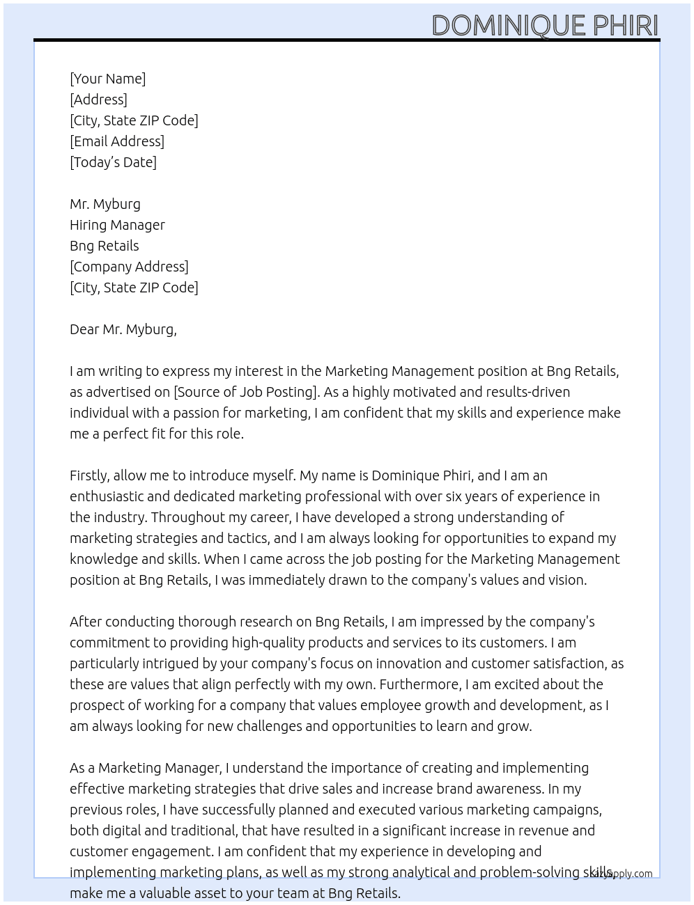 Marketing management  At Bng retails Cover Letter