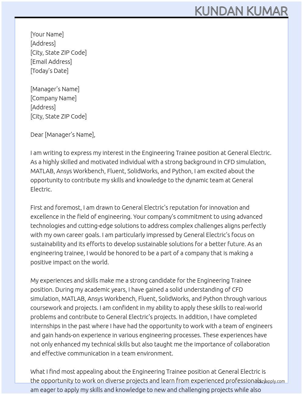 Engineering Trainee At General Electric Cover Letter