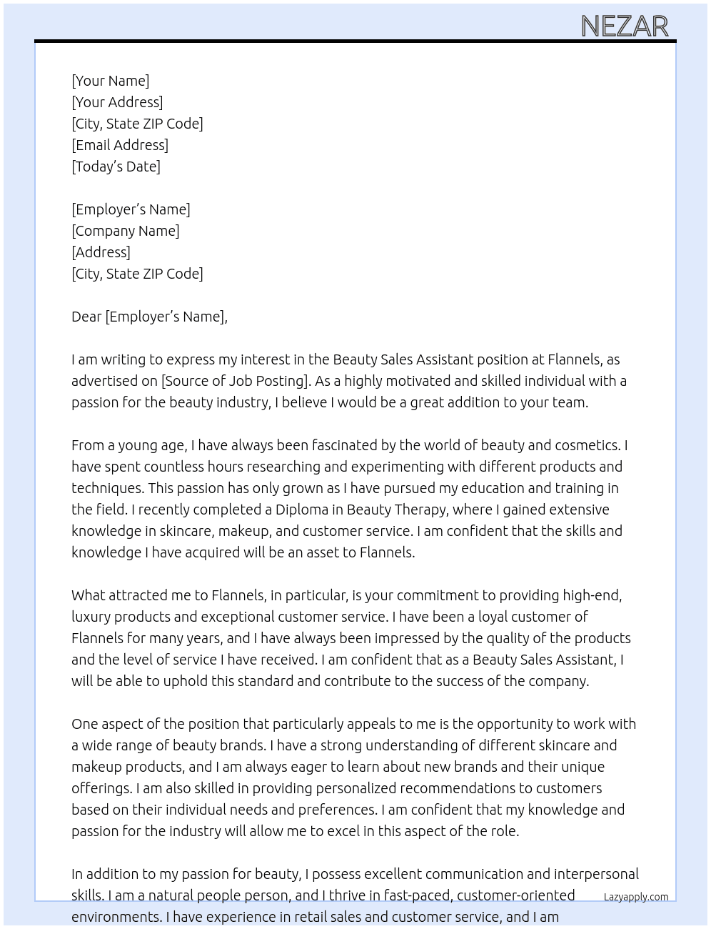 beauty sales assistant At flannels Cover Letter
