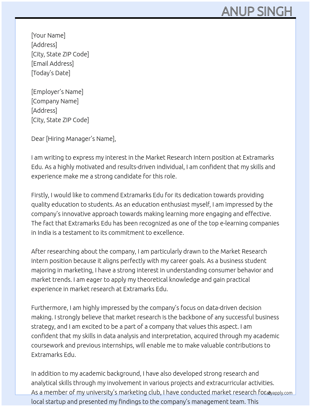 Market research intern At Extramarks edu  Cover Letter