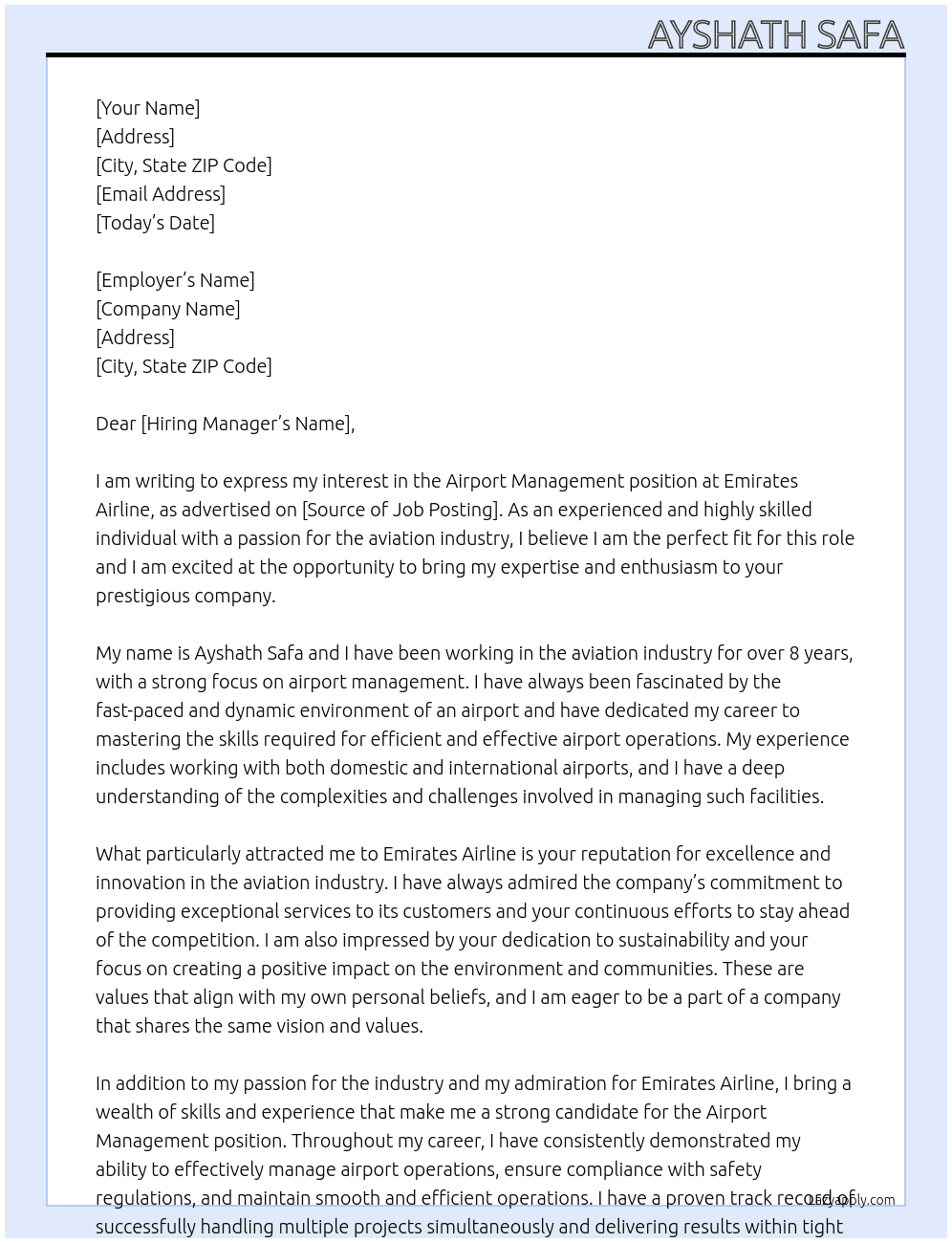 airport management At emirates airline Cover Letter
