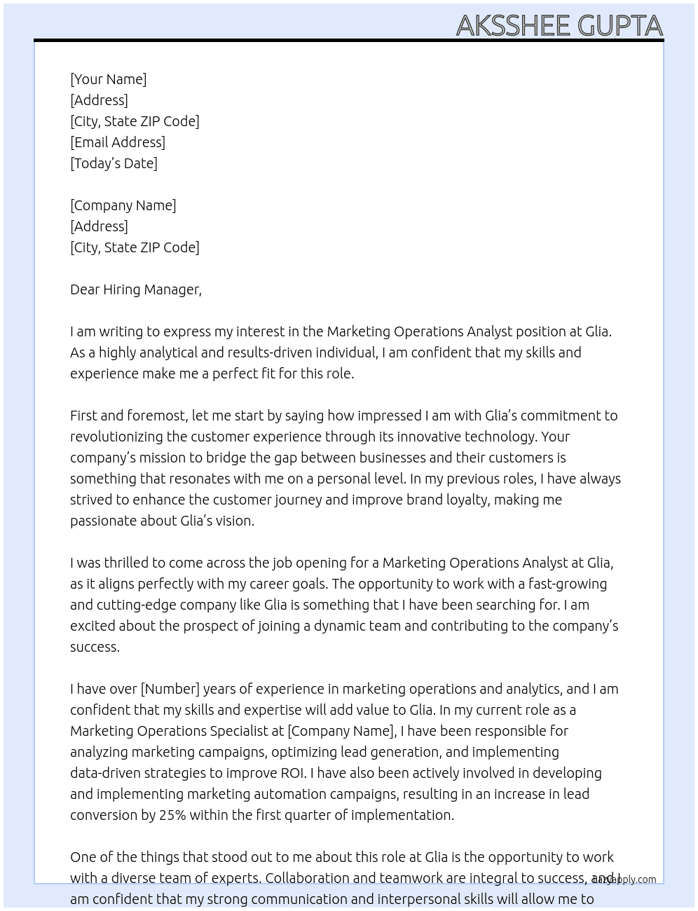 Marketing Operations Analyst At glia Cover Letter
