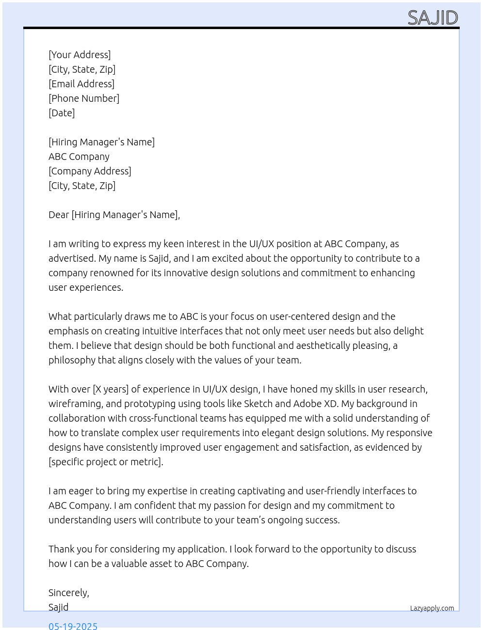 UIUX At abc Cover Letter