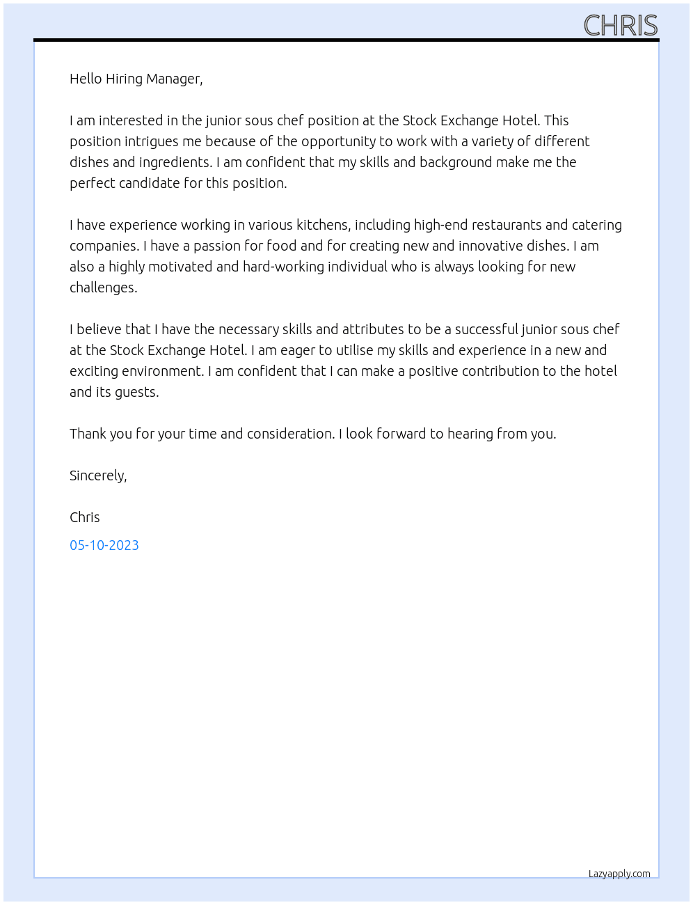 Junior sous chef At Stock Exchange Hotel Cover Letter