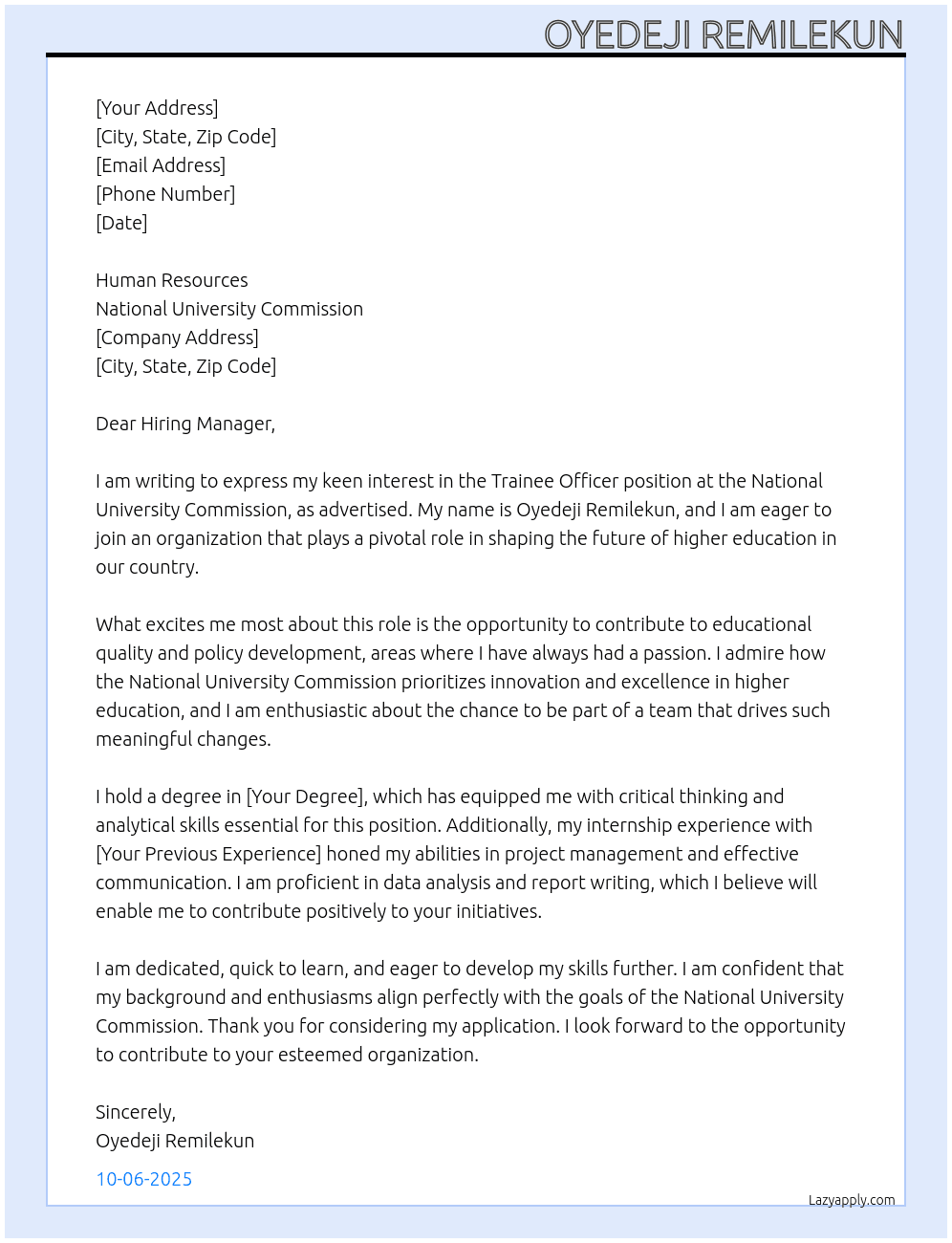Trainee officer At National University commission Cover Letter