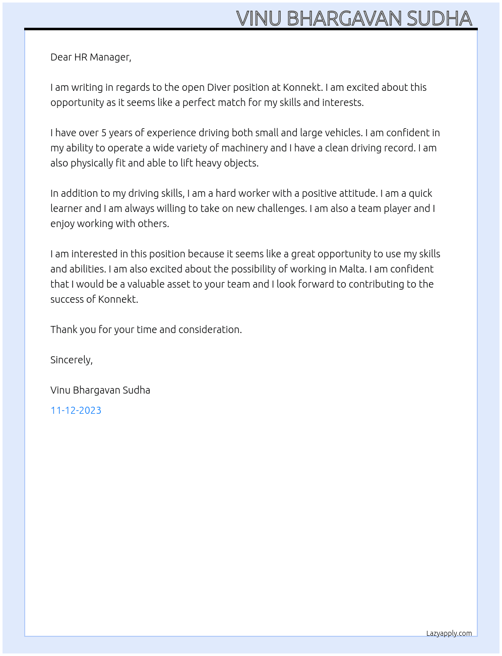 Diver  At Konnekt Cover Letter
