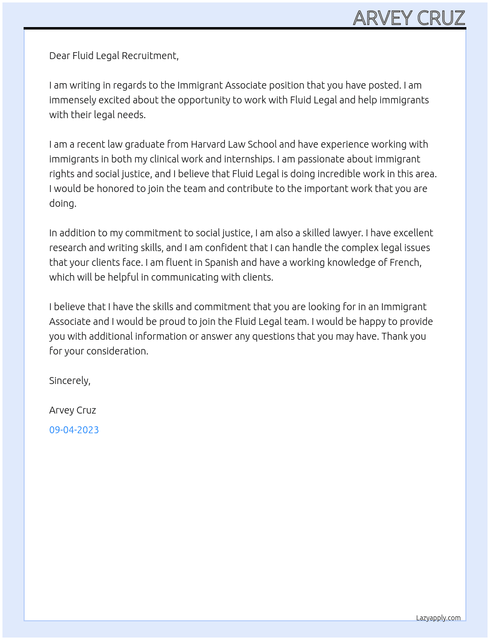 Immigrant Associate At Fluid Legal Cover Letter