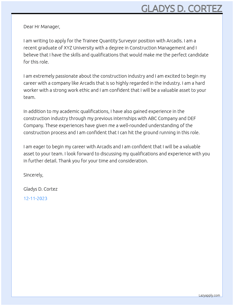 Trainee Quantity Surveyor At Arcadis Cover Letter