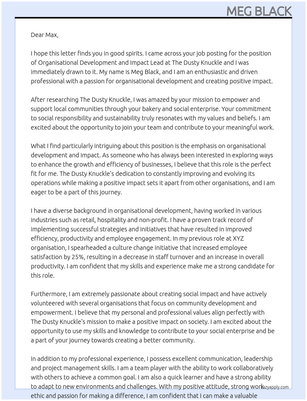 Organisational Development and Impact Lead At The Dusty Knuckle Cover Letter