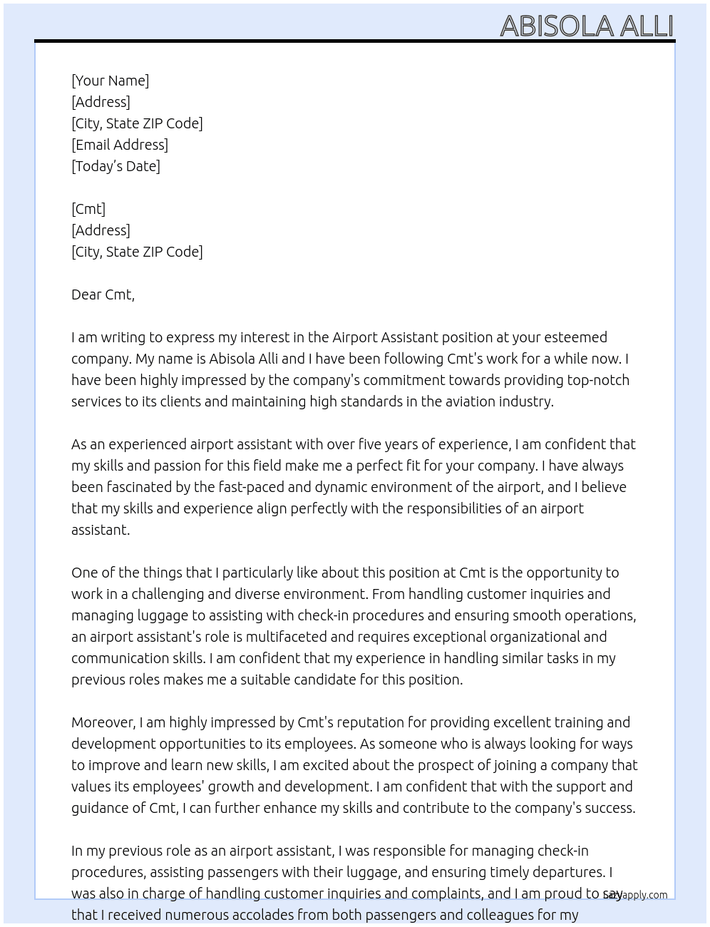 Airport assistant At Cmt Cover Letter