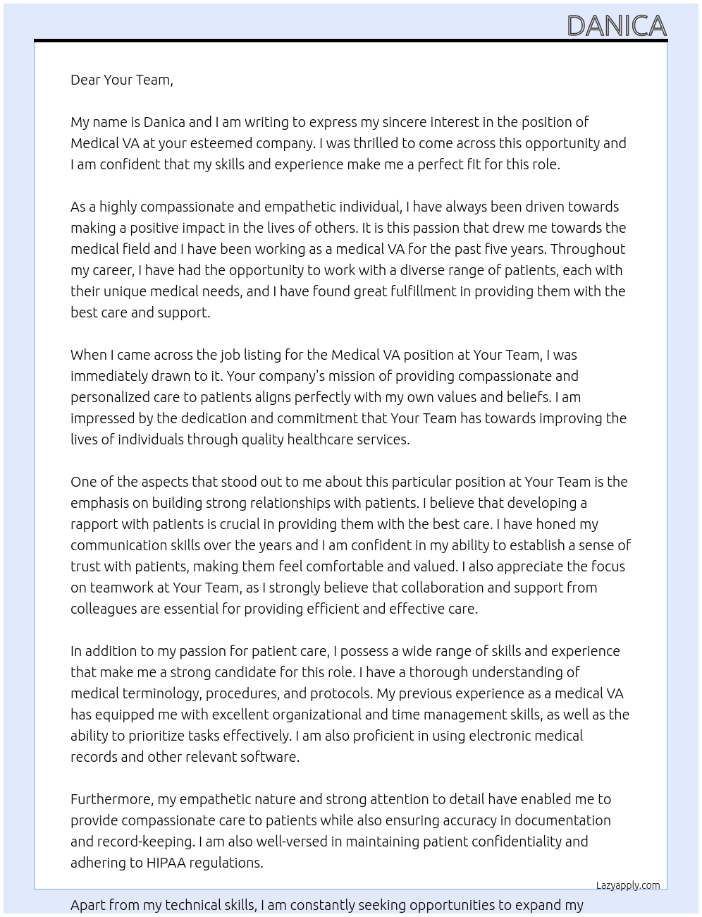 Medical VA At Your Team Cover Letter