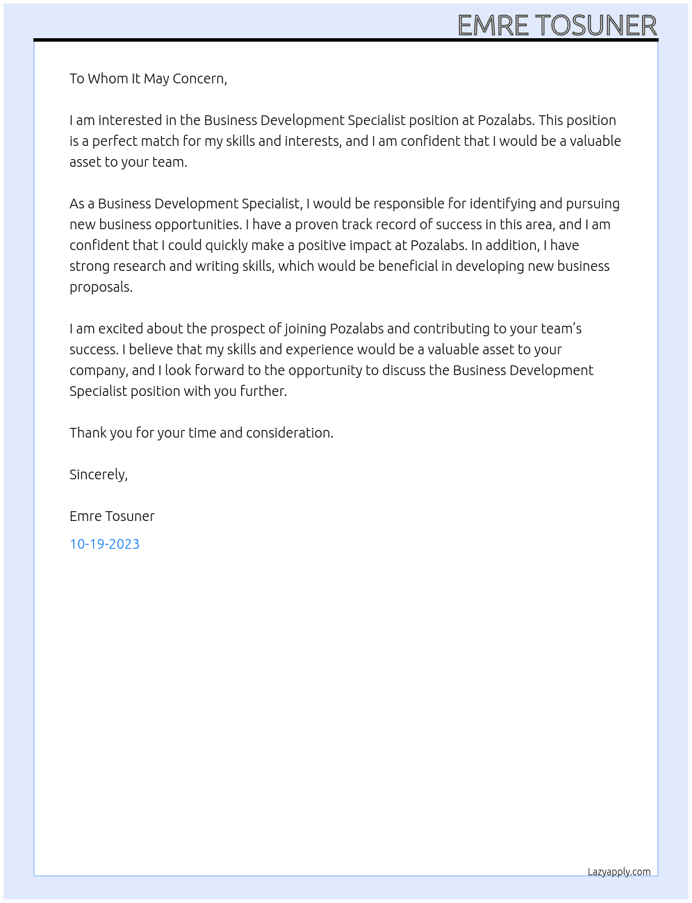 Business Development Specialist At Pozalabs Cover Letter