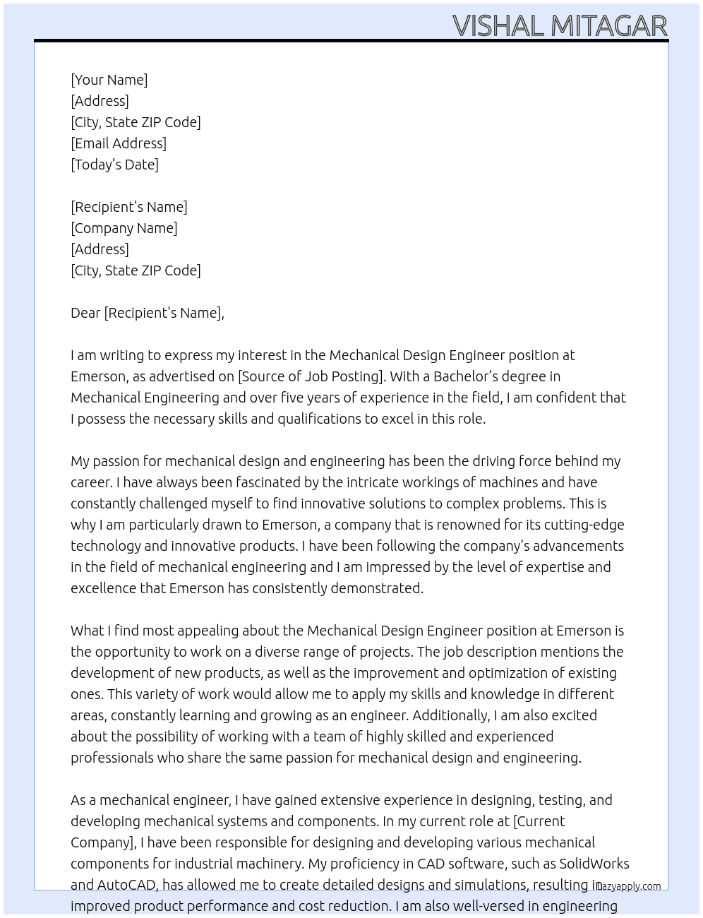 Mechanical design engineer At Emerson Cover Letter