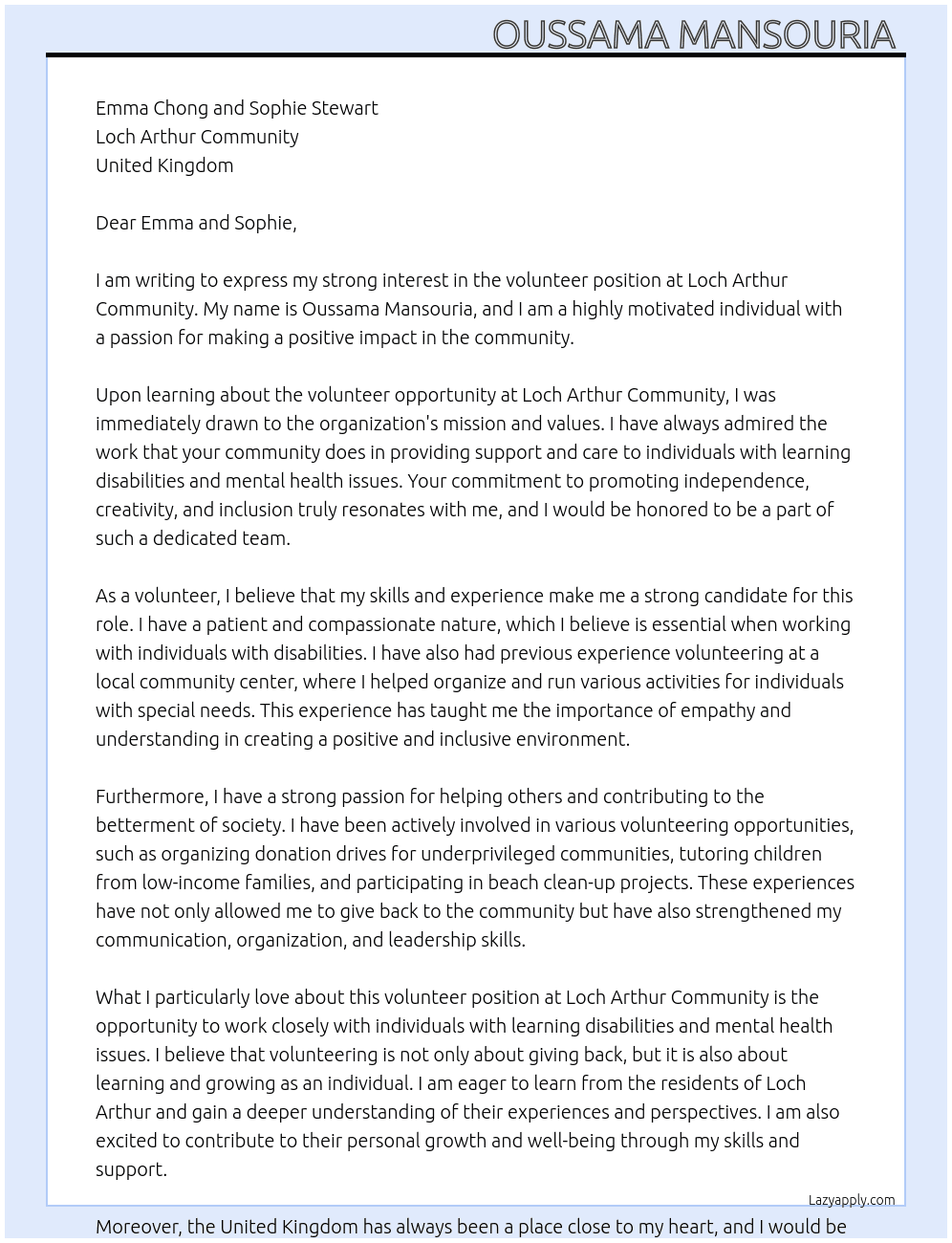 Volunteer  At loch arthur community  Cover Letter