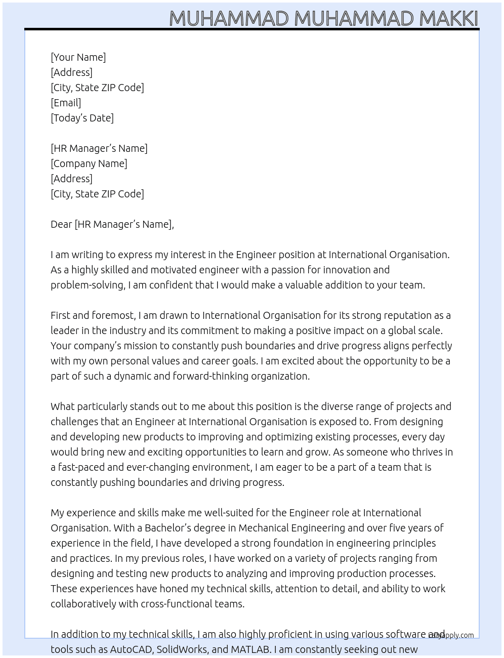 Engineer At International organisation Cover Letter