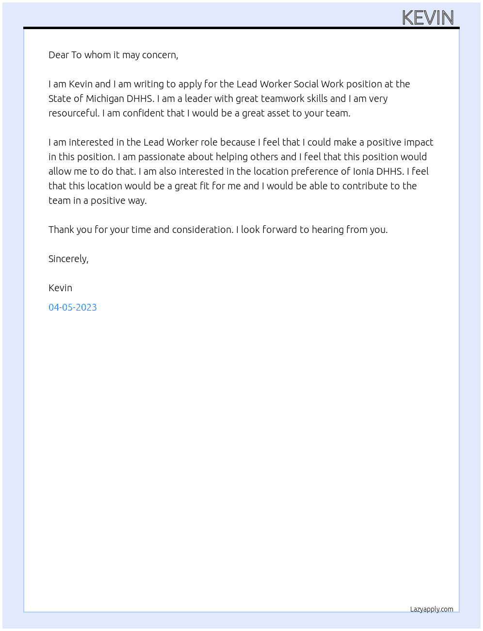 Lead Worker Social Work  At State of Michigan DHHS Cover Letter