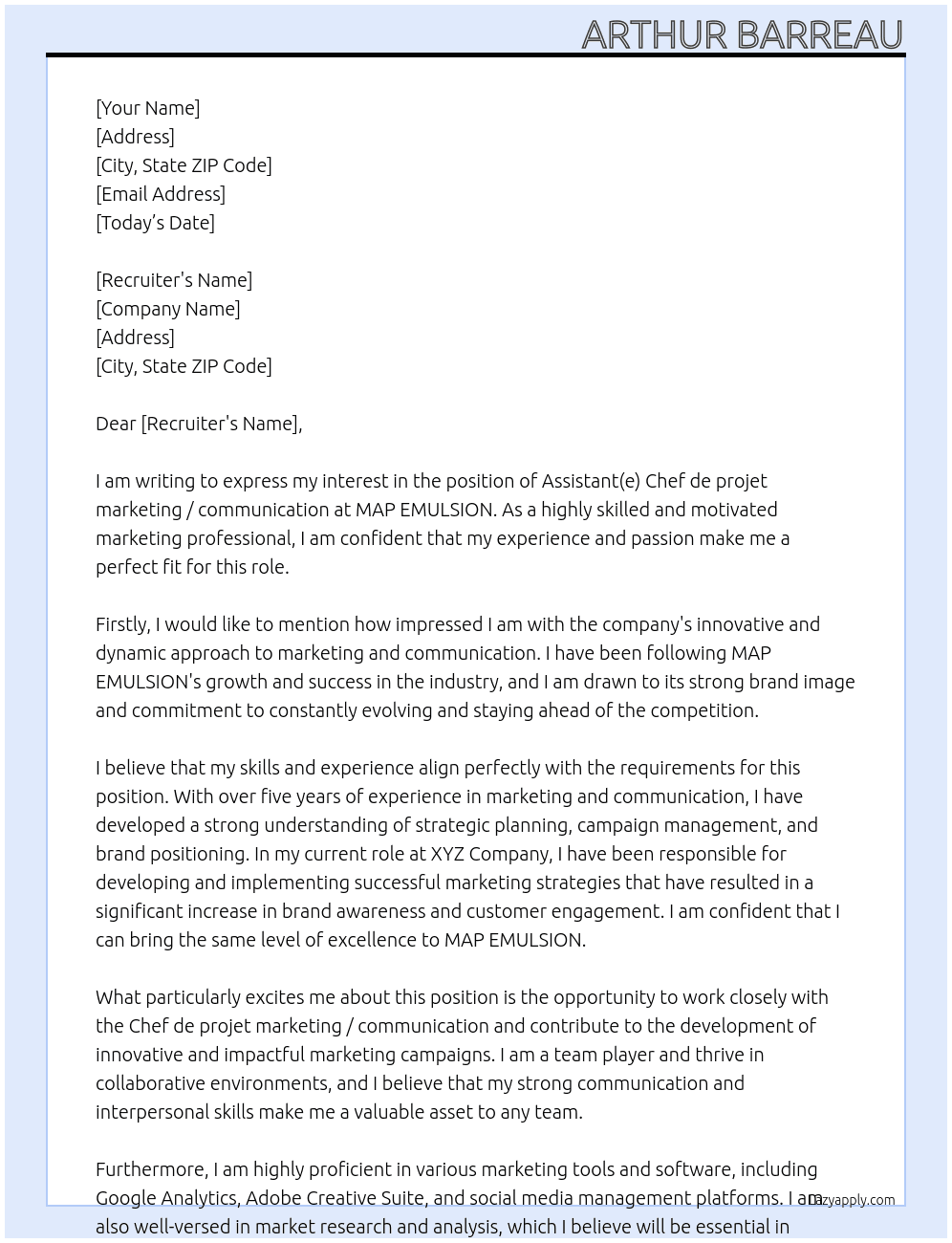 Assistant(e) Chef de projet marketing / communication At MAP EMULSION Cover Letter