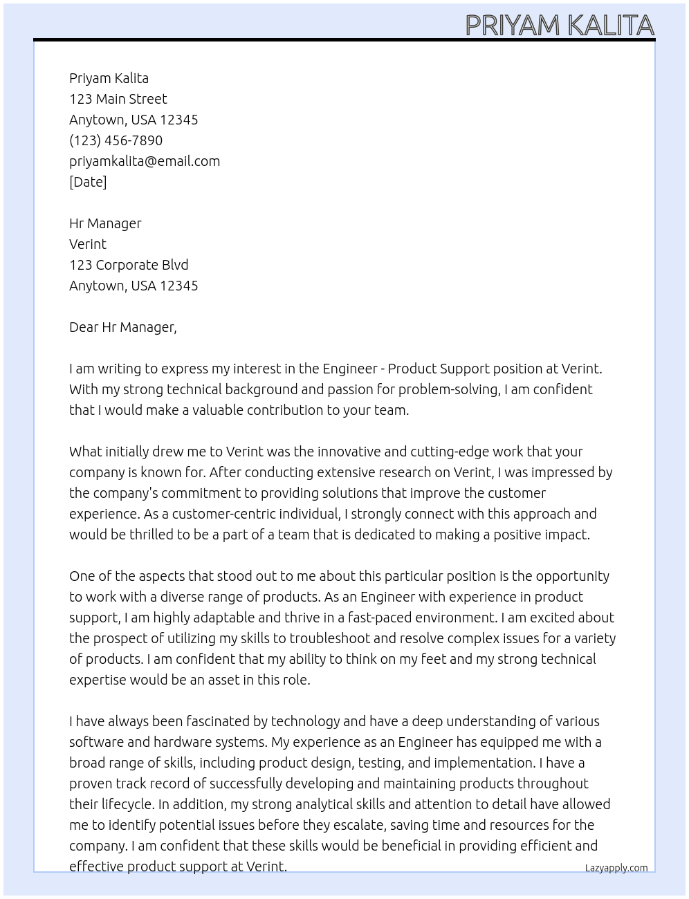 Engineer - Product Support At Verint Cover Letter
