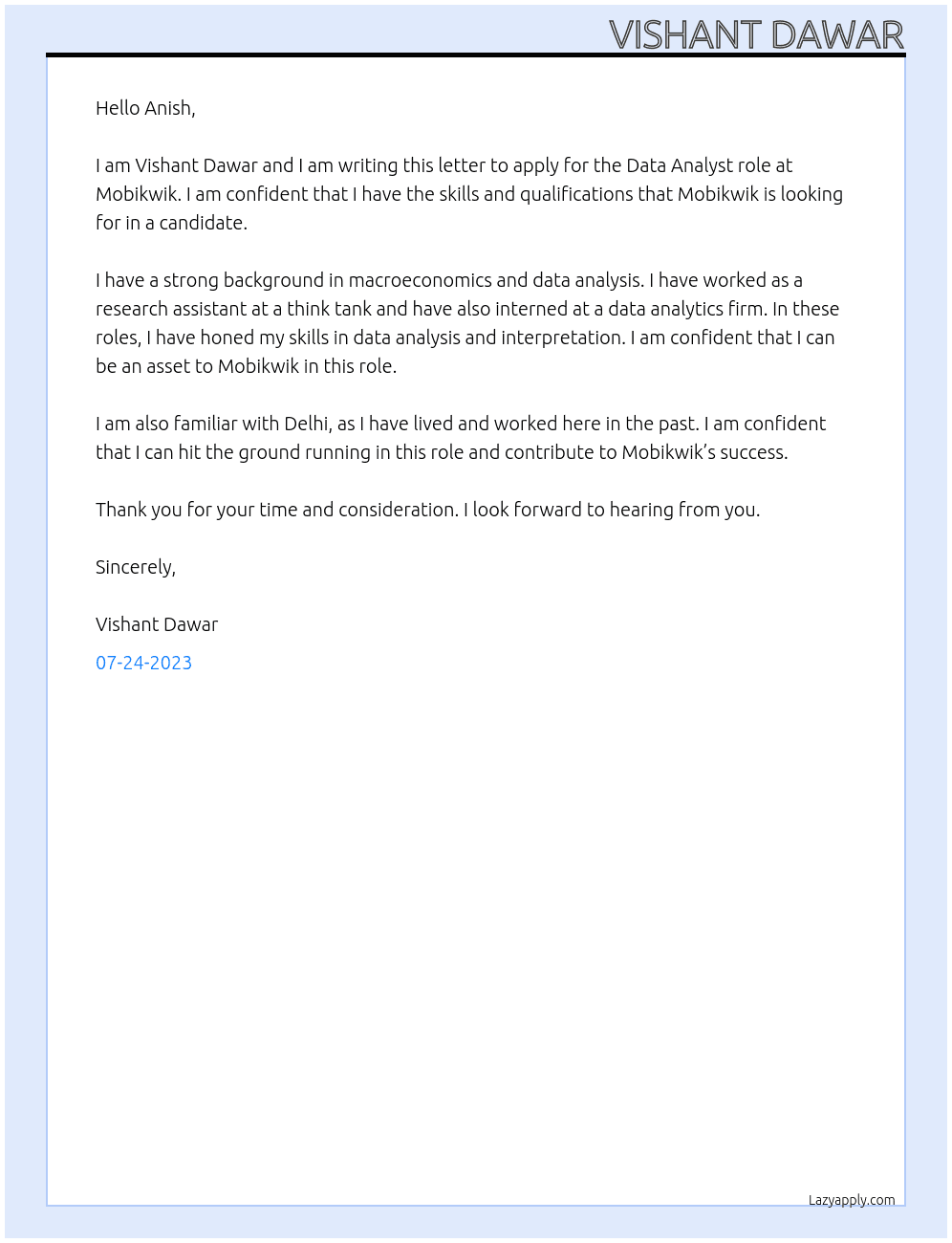 JobApplication At Mobikwik Cover Letter