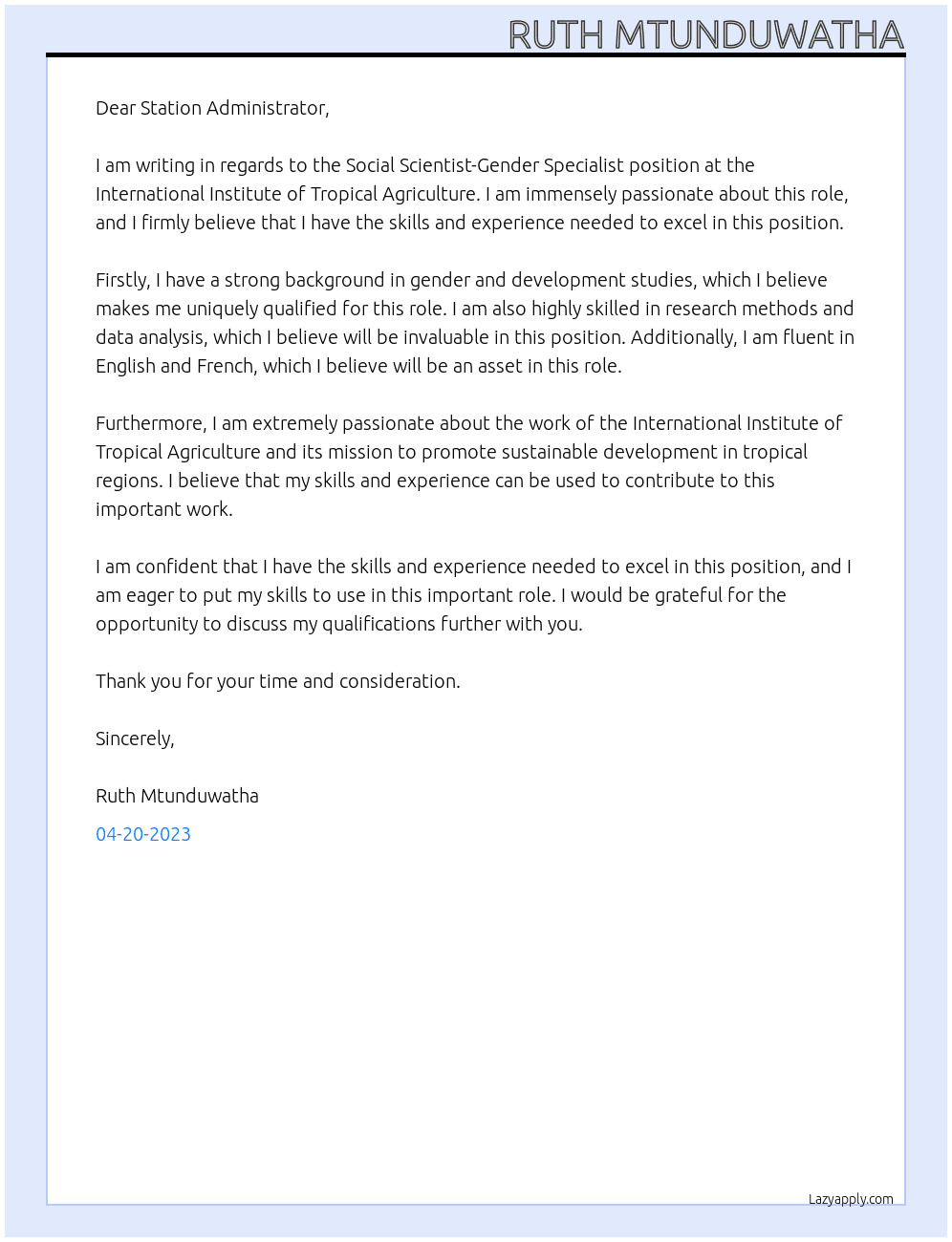 Social Scientist-Gender Specialist At International Institute of Tropical Agriculture Cover Letter