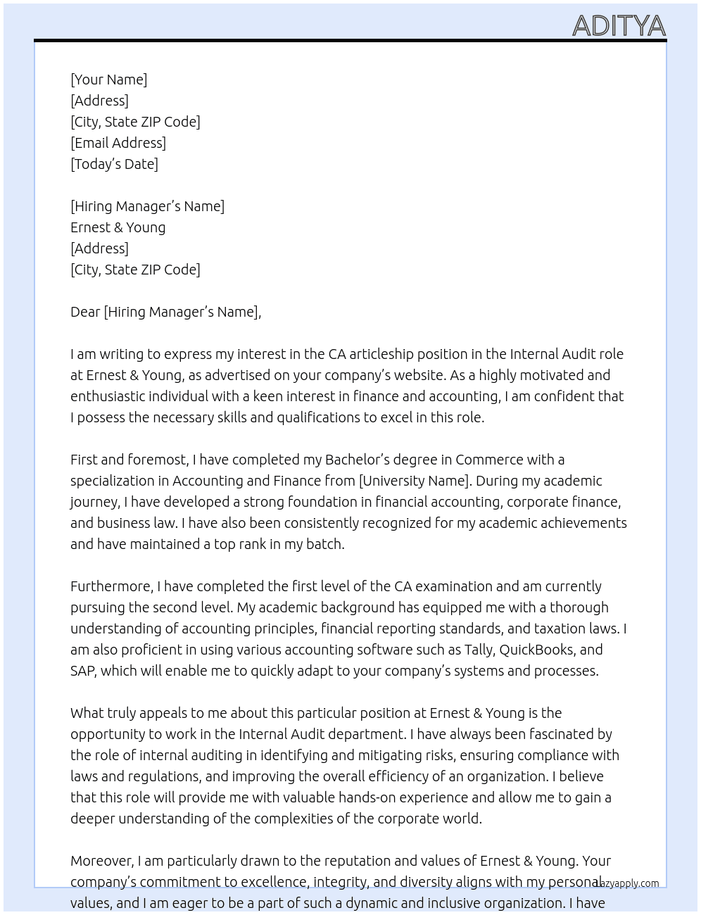 CA articleshp At Ernest & Young Cover Letter