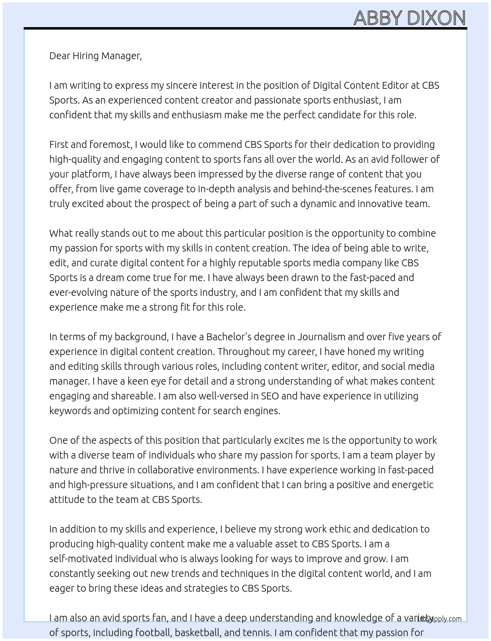 Digital Content Editor At CBS Sports Cover Letter