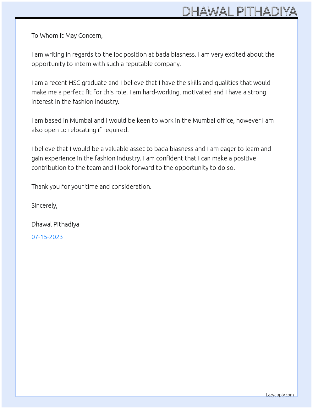 ibc At bada biasness  Cover Letter