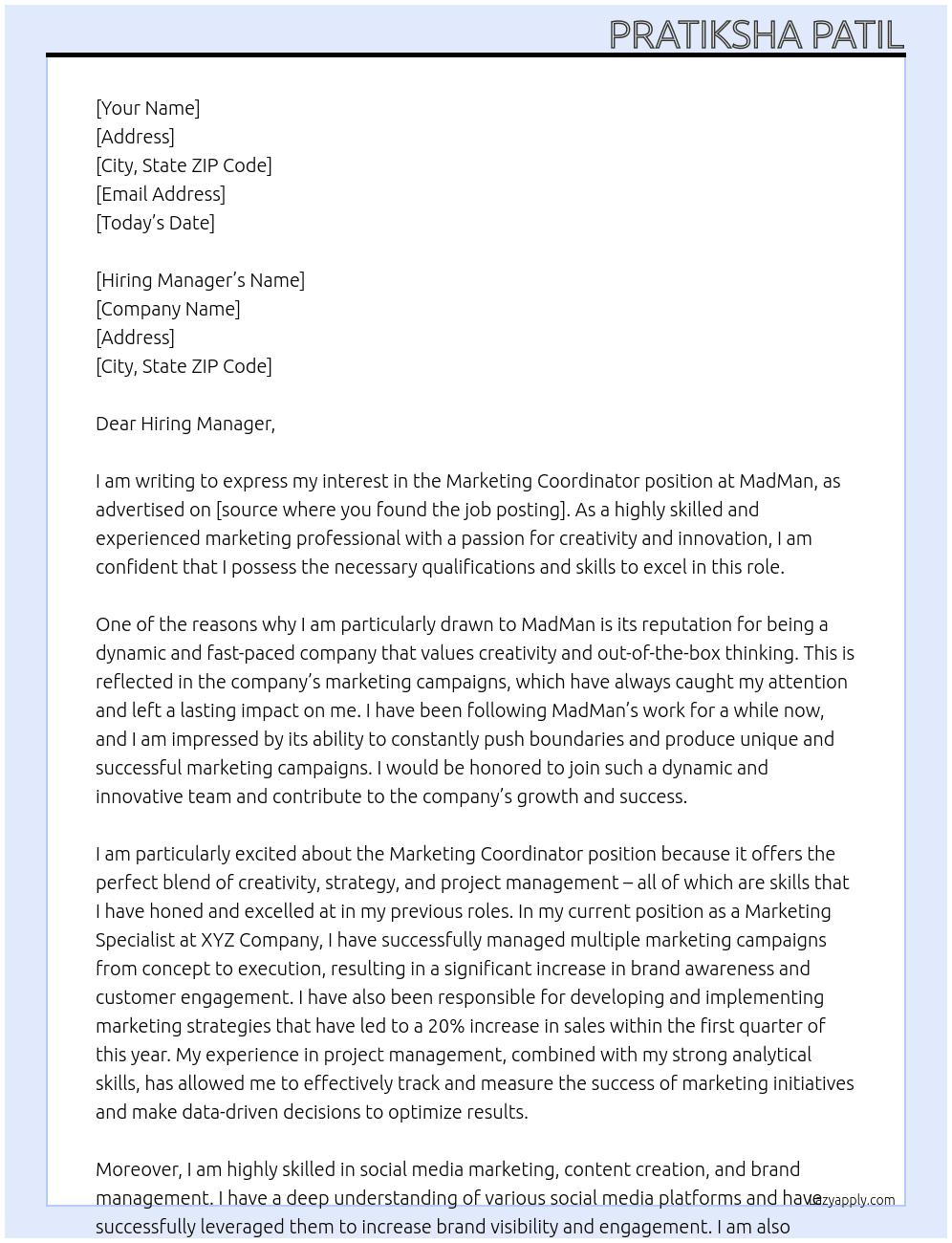 Marketing Coordinator At MadMan Cover Letter