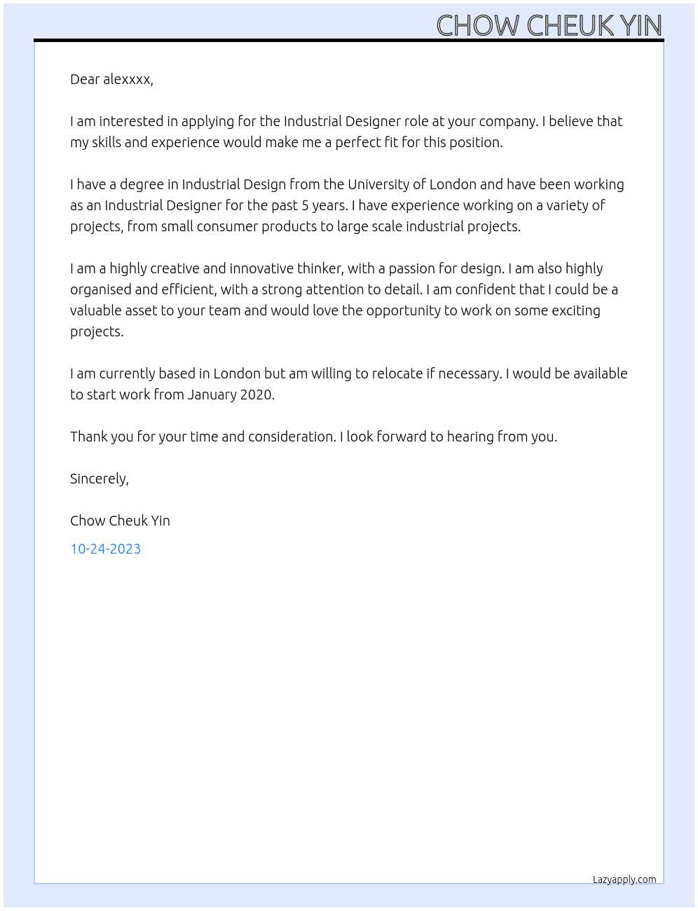Industrial Designer At alexxxx Cover Letter