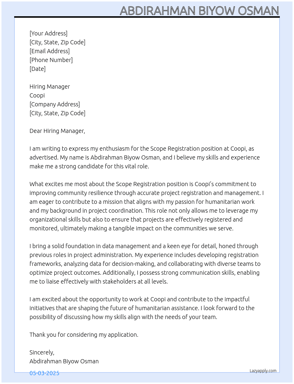 Scope registration At coopi Cover Letter