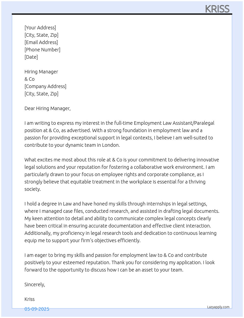 Employment law assistant/paralegal At & Co Cover Letter
