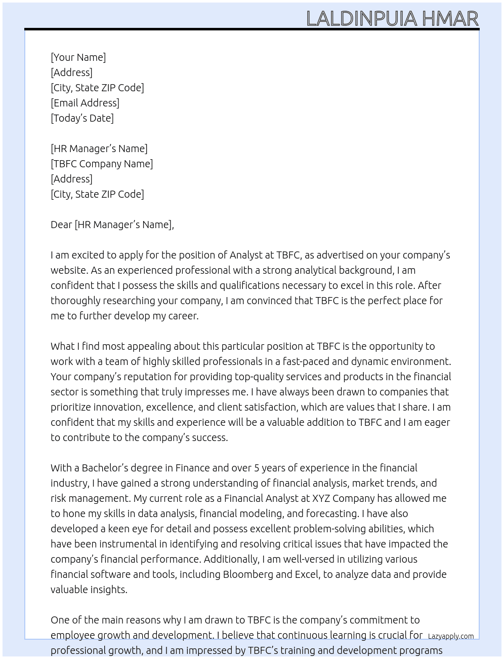 Analyst At TBFC Cover Letter
