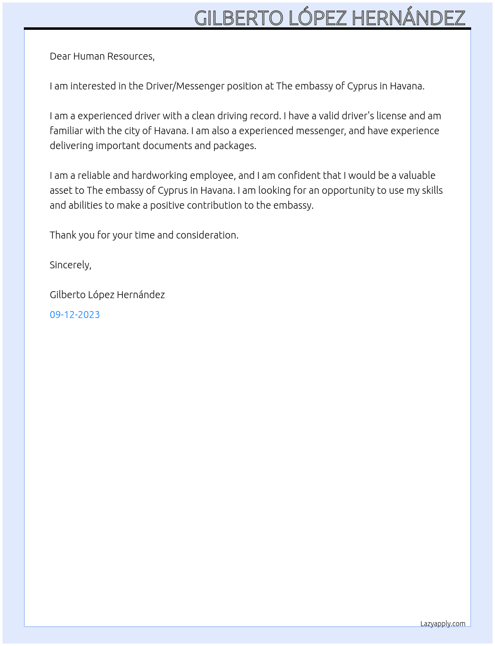 Driver/Messenger  At The embassy of Cyprus in Havana Cover Letter