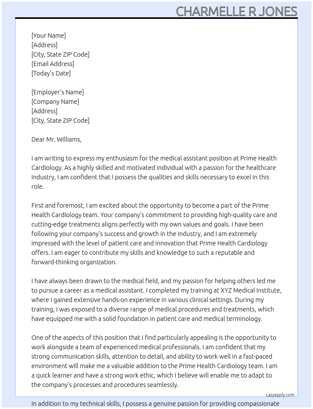 medical assistant At Prime Health Cardiology Cover Letter