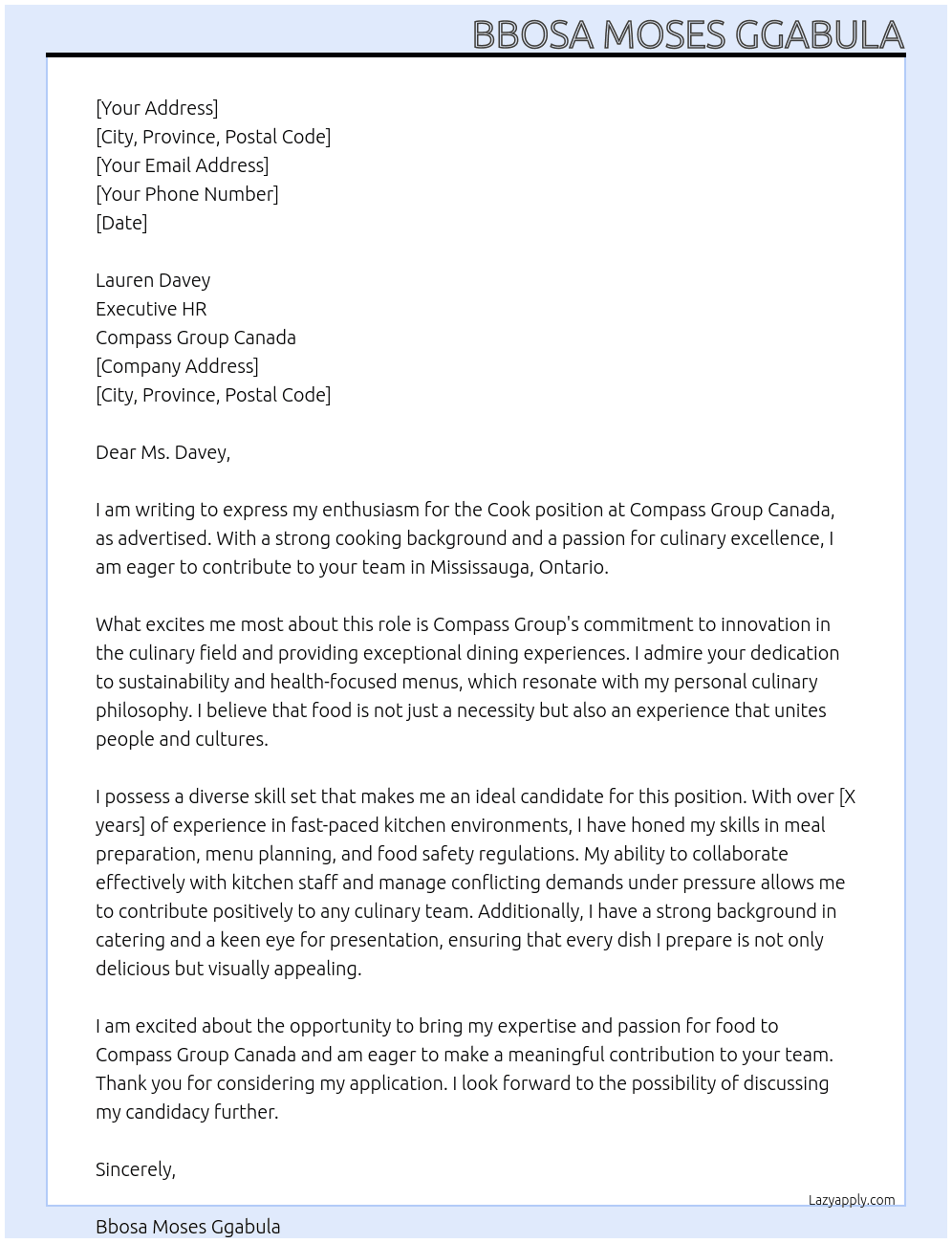 Cook At Compass Group Canada Cover Letter