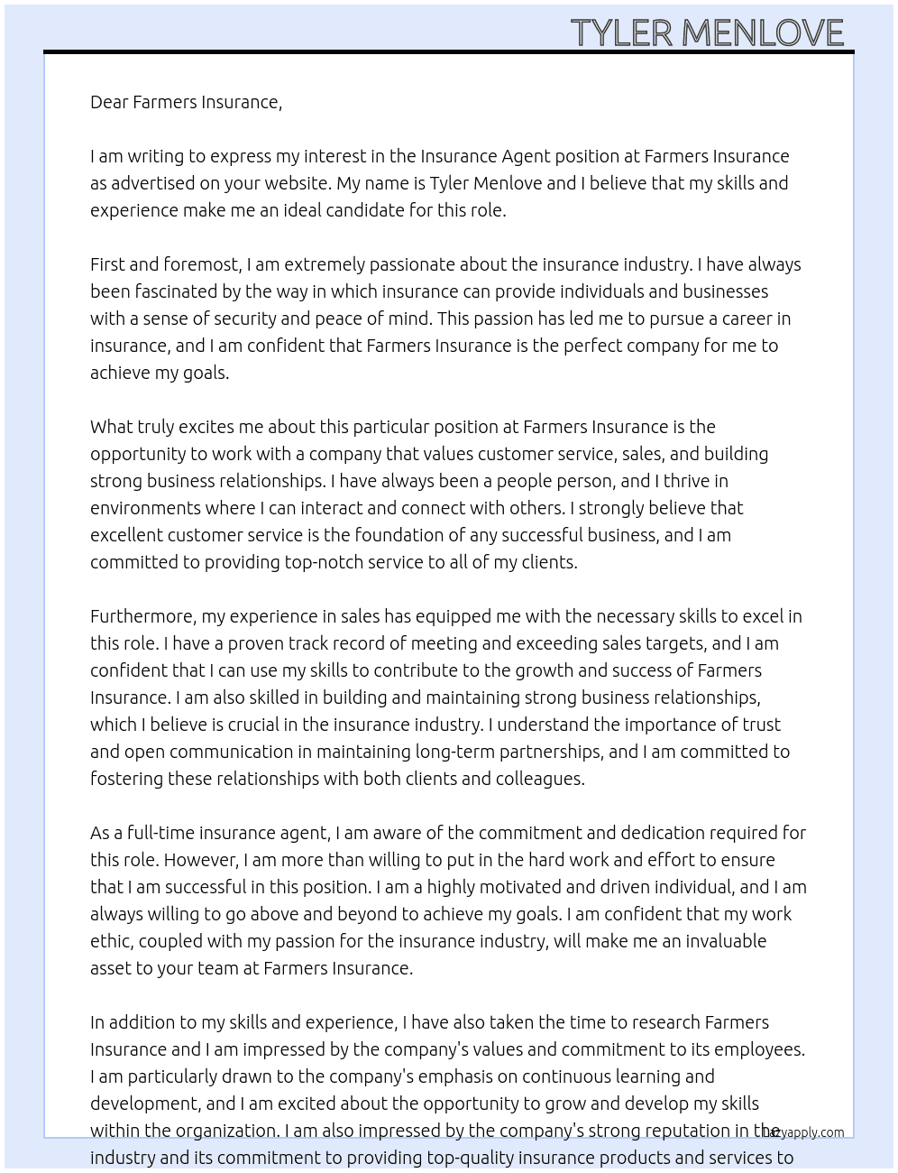Insurance agent  At Farmers Cover Letter